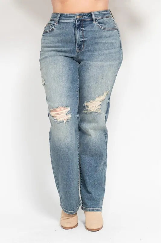 Judy Blue Full Size High Waist Distressed Dad Jean Plus Size - Sydney So Sweet