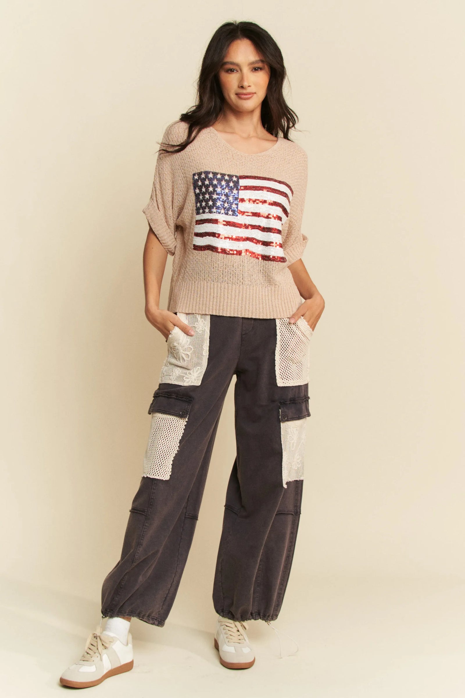 Davi & Dani Sequin American Flag Patch Short Sleeve Knit Top - Sydney So Sweet