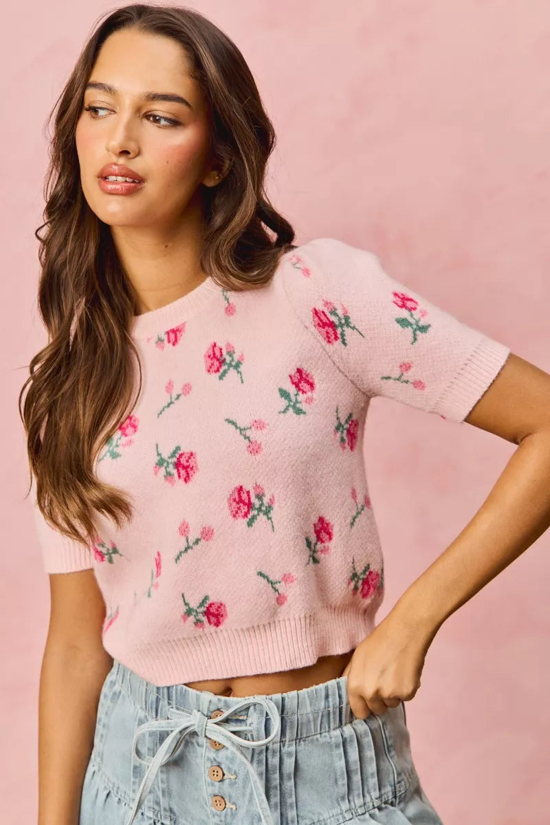 SO ME Floral Pattern Knit Puff Sleeves Sweater Top - Sydney So Sweet