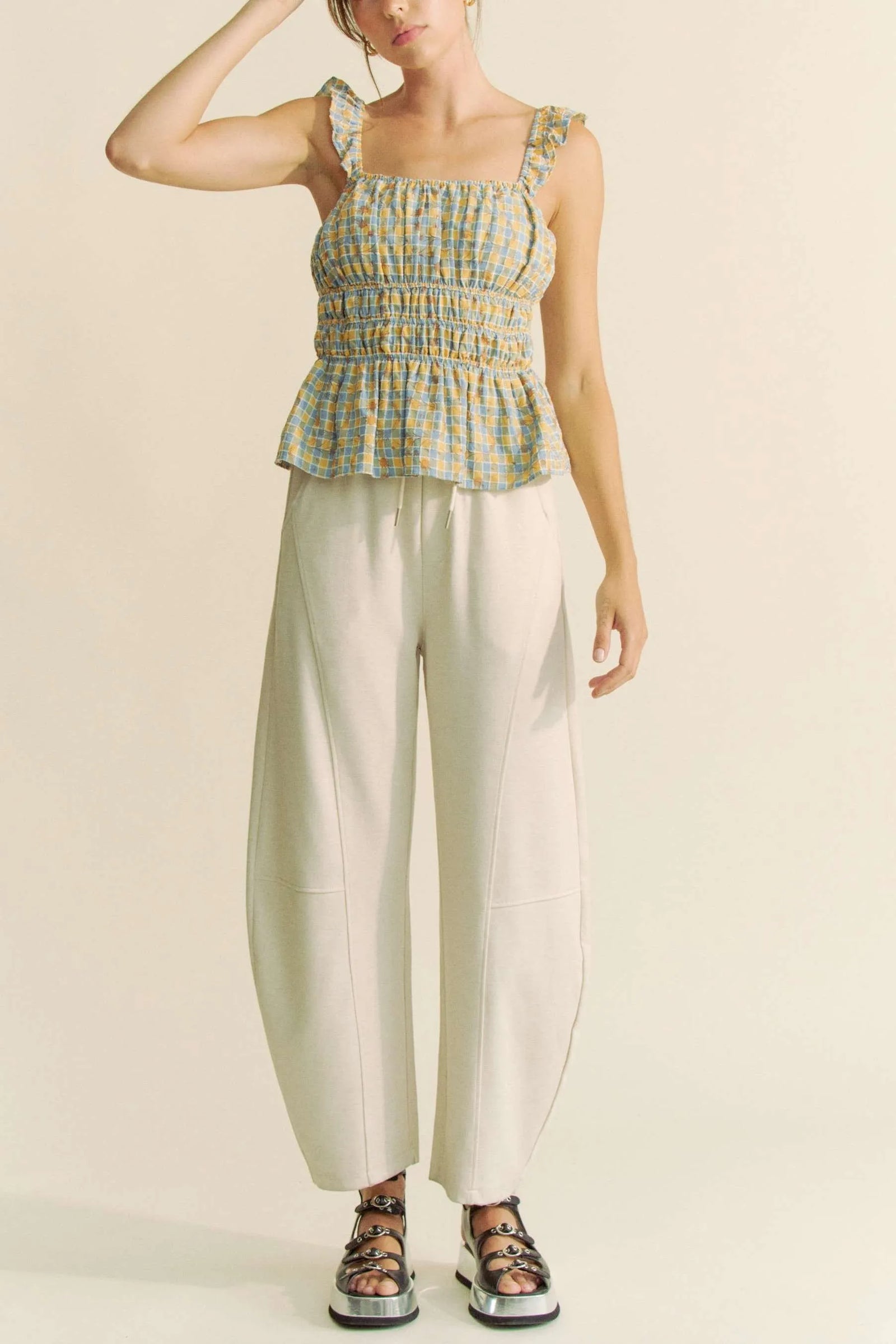 Davi & Dani Plaid Ruffled Strap Smocked Sleeveless Top - Sydney So Sweet