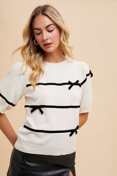 Annie Wear Striped Bow Round Neck Knit Top - Sydney So Sweet