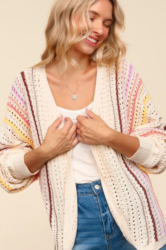 Haptics Full Size Striped Crochet Open Front Cardigan - Sydney So Sweet
