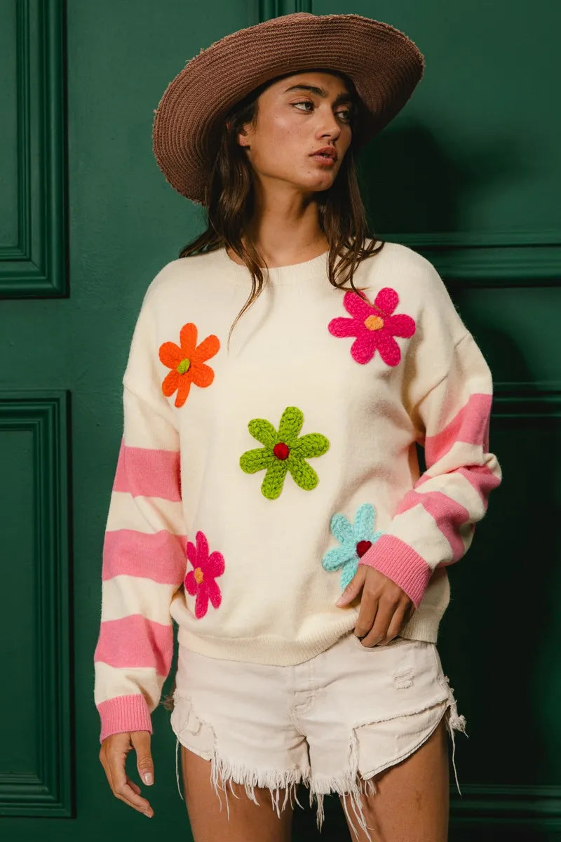BiBi Colorful Floral Patched Sweater with Striped Sleeve - Sydney So Sweet