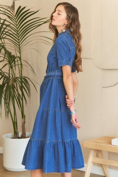 ADORA Tiered Button Down Tie Waist Short Sleeve Denim Dress - Sydney So Sweet