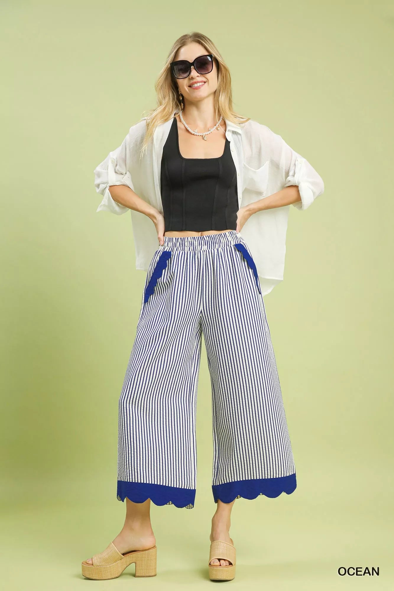 Umgee Stripe Scallop Hem Wide Leg Pants - Sydney So Sweet