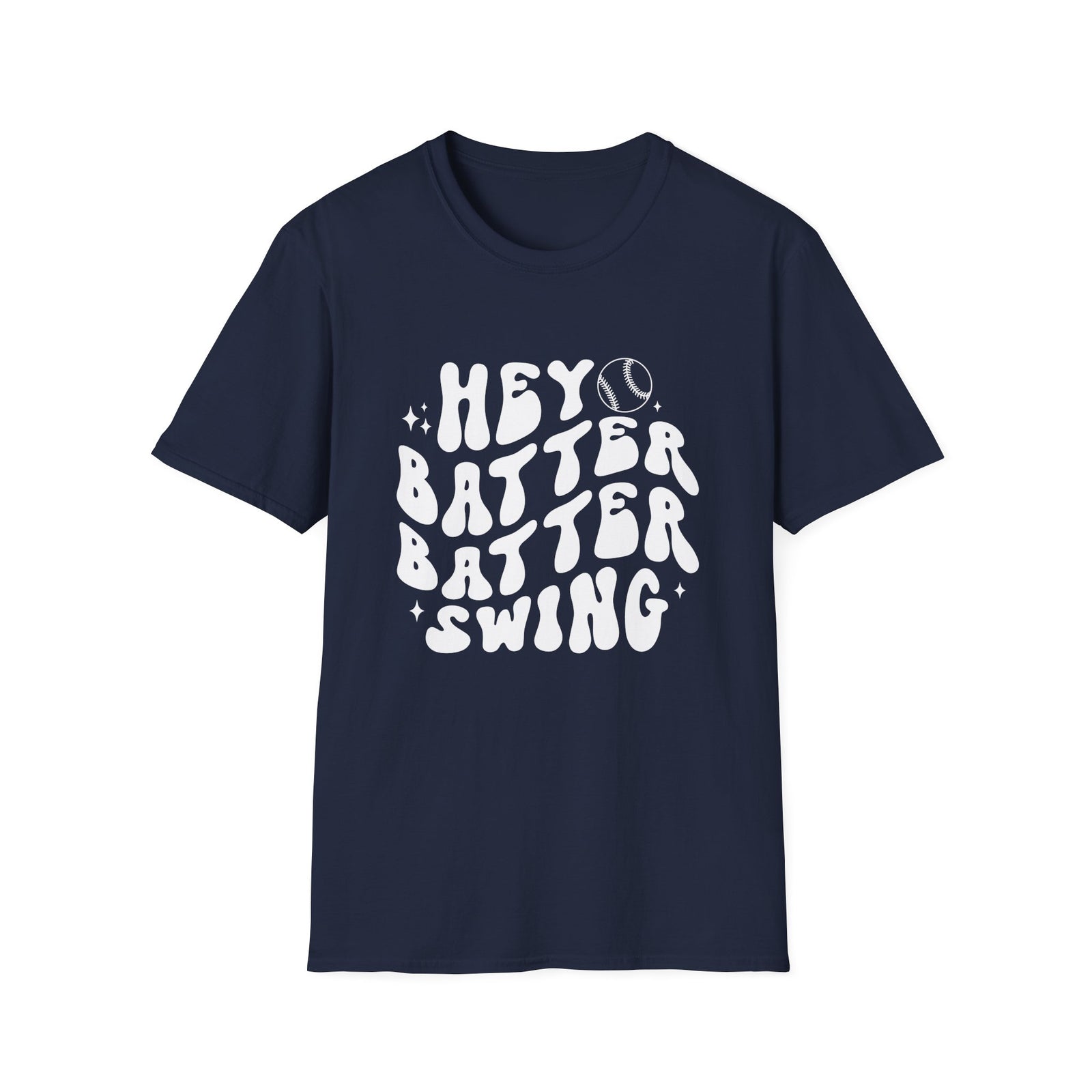 Hey Batter Batter Swing Baseball or Softball Retro Font Graphic T-Shirt Sports Tee (12 Team Colors)