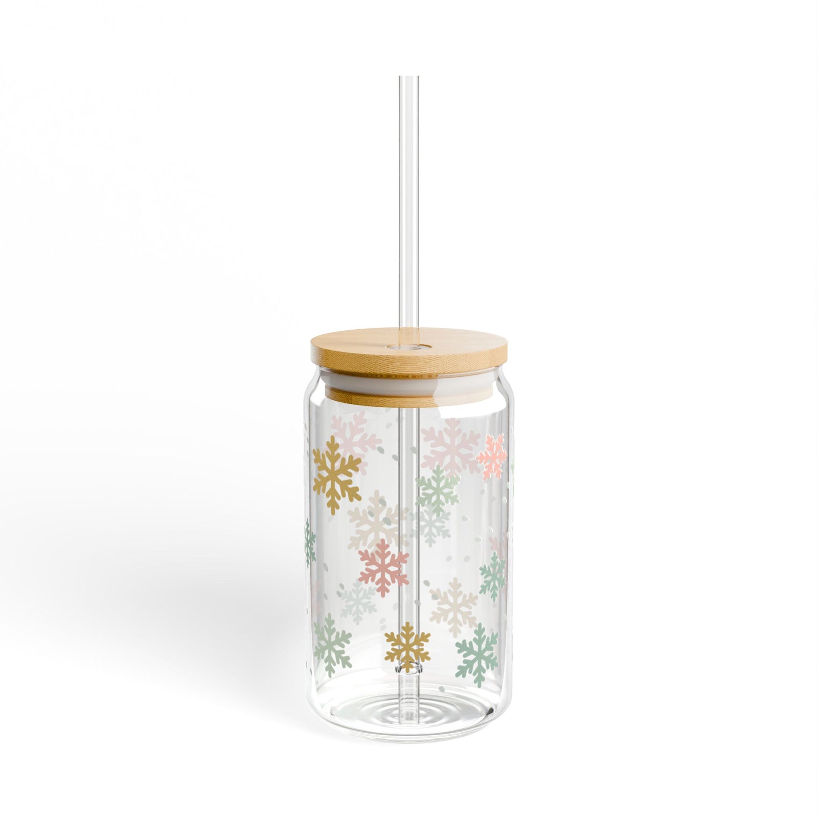Pastel Snowflake Winter Christmas 16 oz reusable glass drink jar with lid and straw