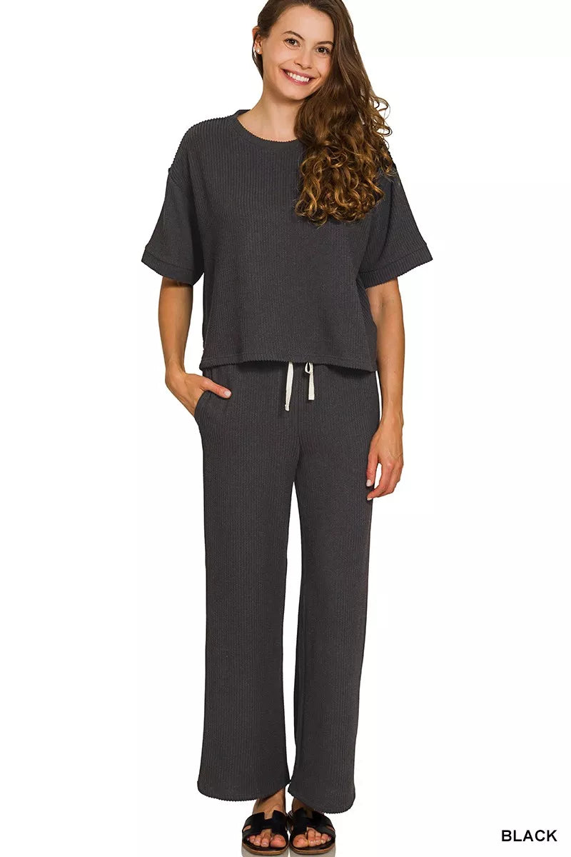 Zenana Raised Rib Short Sleeve Tee & Pants Set - Sydney So Sweet
