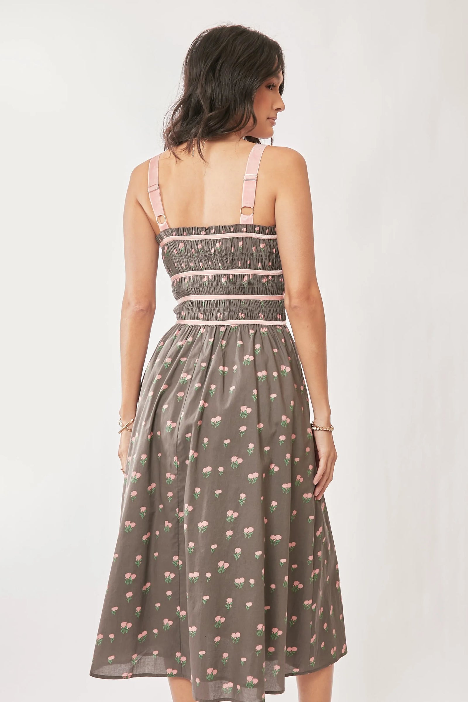 Davi & Dani Contrast Velvet Tape Smocking Bodice Midi Dress - Sydney So Sweet