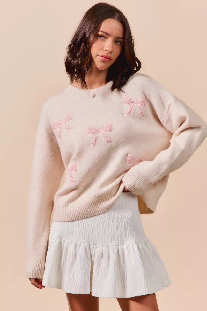 SO ME Embroidered Ribbon Round Neck Sweater - Sydney So Sweet