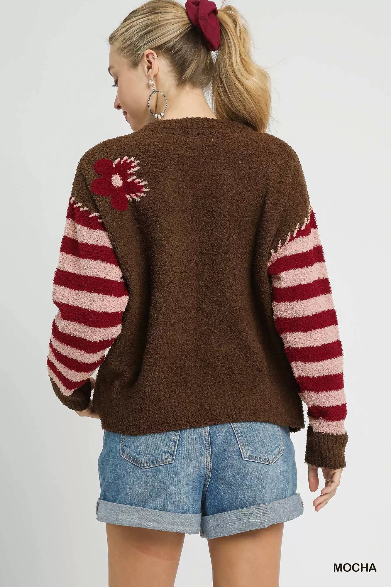 Umgee Flower Jacquard Striped Long Sleeve Sweater - Sydney So Sweet