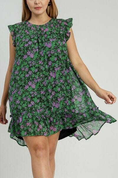 Umgee Full Size Smocked Detail Floral Metallic Ruffle Cap Sleeve Dress Plus Size - Sydney So Sweet