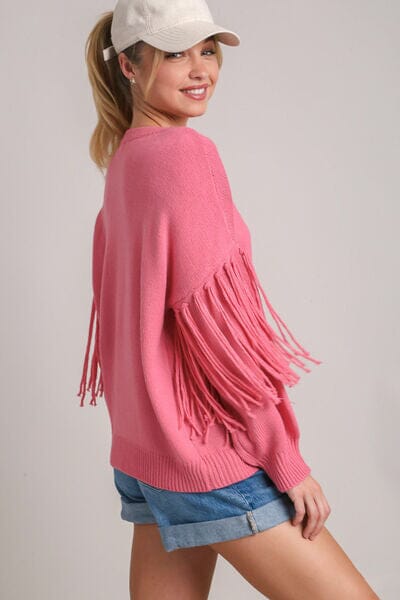 Umgee Full Size Fringe Round Neck Long Sleeve Sweater Plus Size - Sydney So Sweet