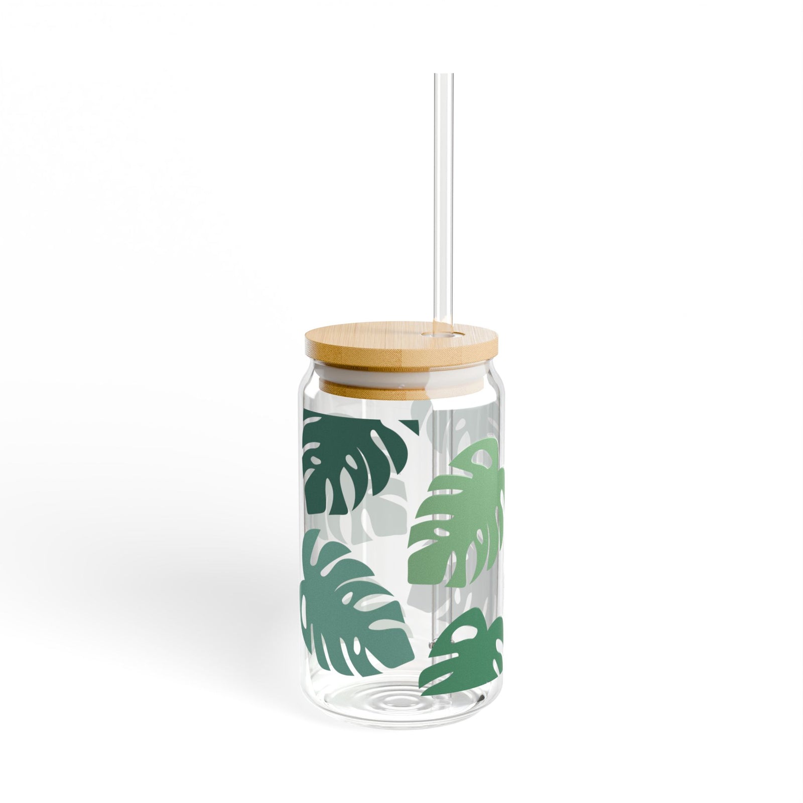 Monstera Leaf Tumbler Sipper Glass 16oz — Reusable Drink Jar with Lid & Straw