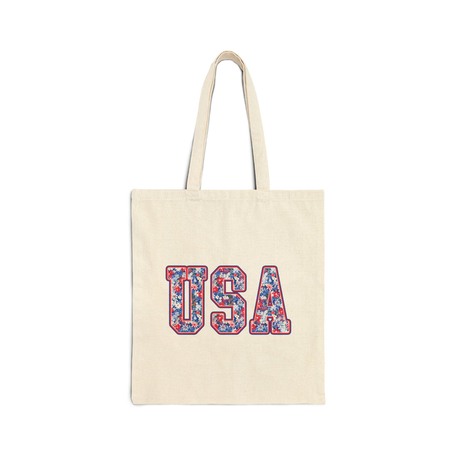 USA Floral Patriotic Cotton Canvas Summer Tote Bag