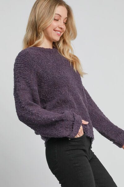 Umgee Full Size Round Neck Long Sleeve Boucle Sweater Plus Size - Sydney So Sweet