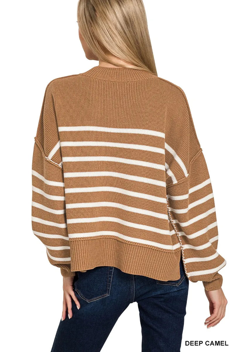 Zenana Exposed Seam Striped Oversized Sweater - Sydney So Sweet