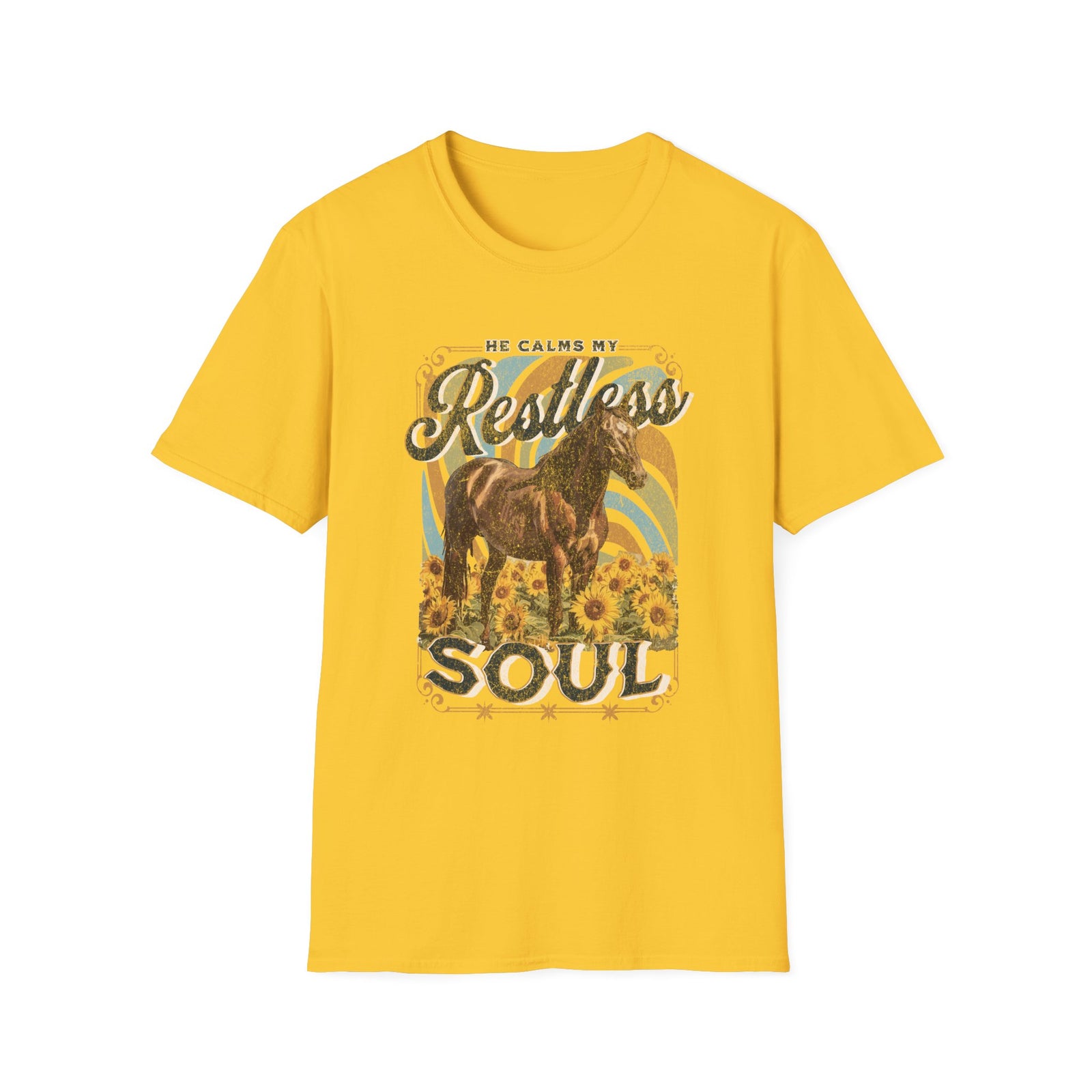 He Calms My Restless Soul T-Shirt Christian Horse & Sunflower Distressed Graphic Tee