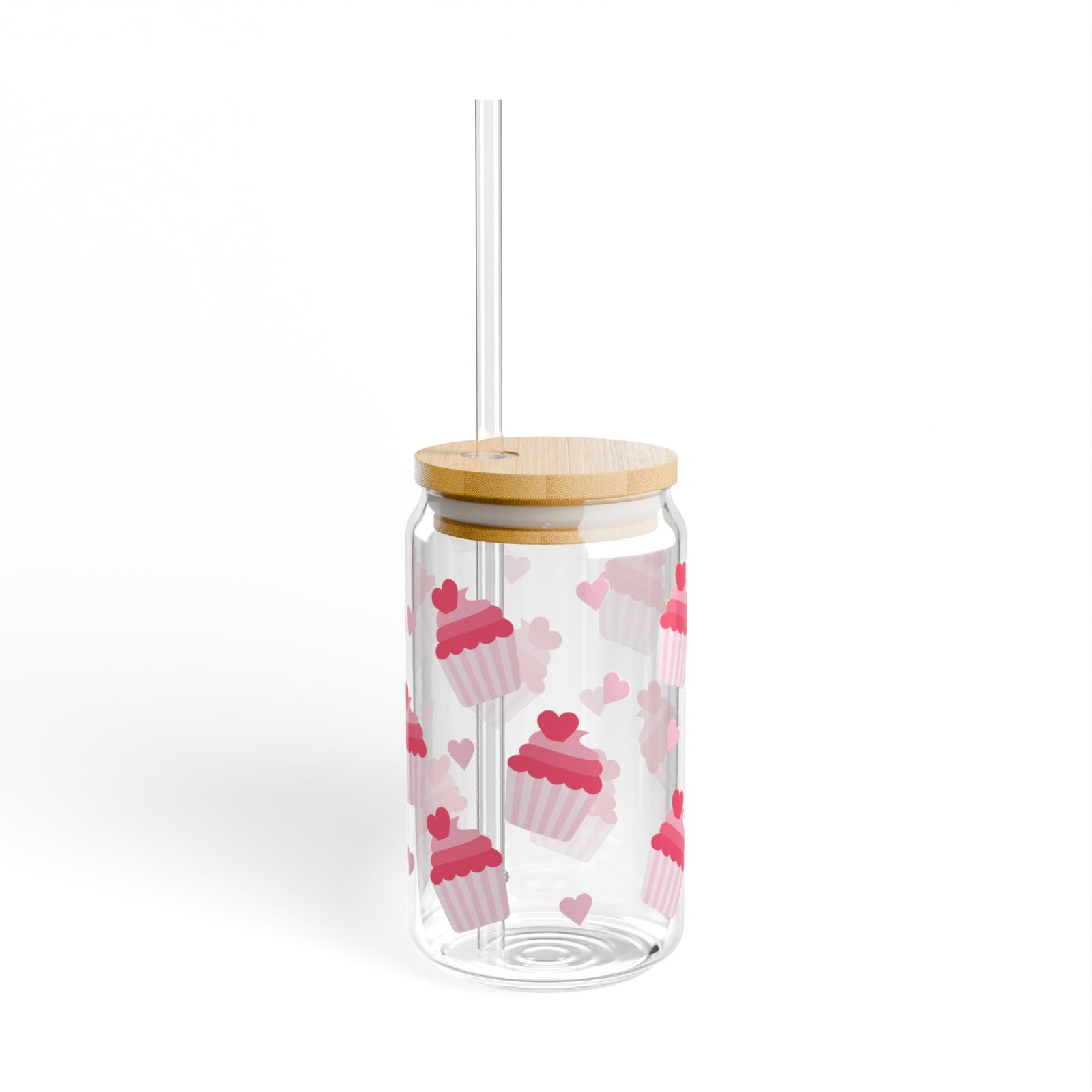 Cupcake Hearts Tumbler Sipper Glass 16oz — Reusable Drink Jar with Lid & Straw