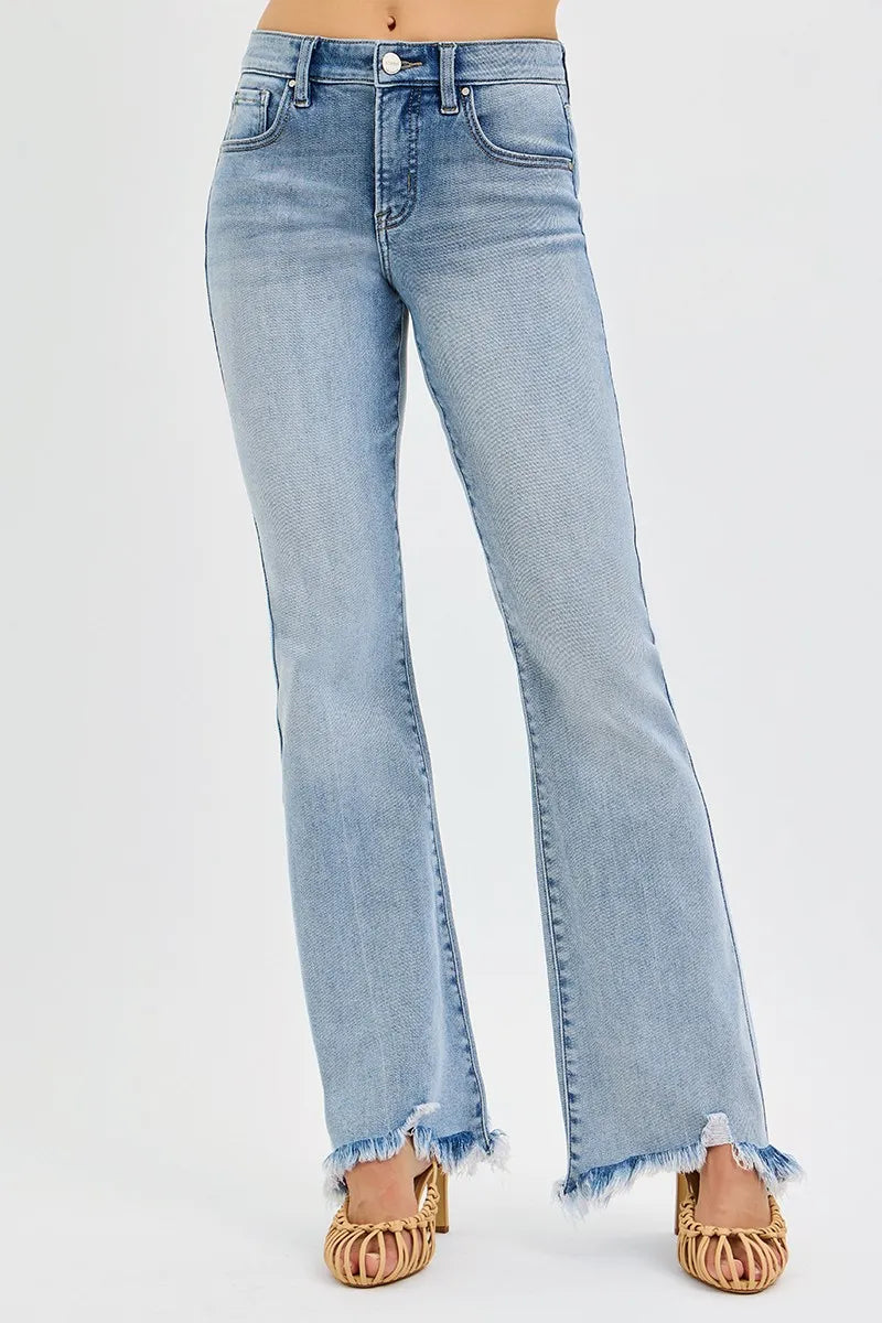 RISEN Full Size Tummy Control Mid Rise Flare Jeans with Fray Hem Detailed Plus Size - Sydney So Sweet