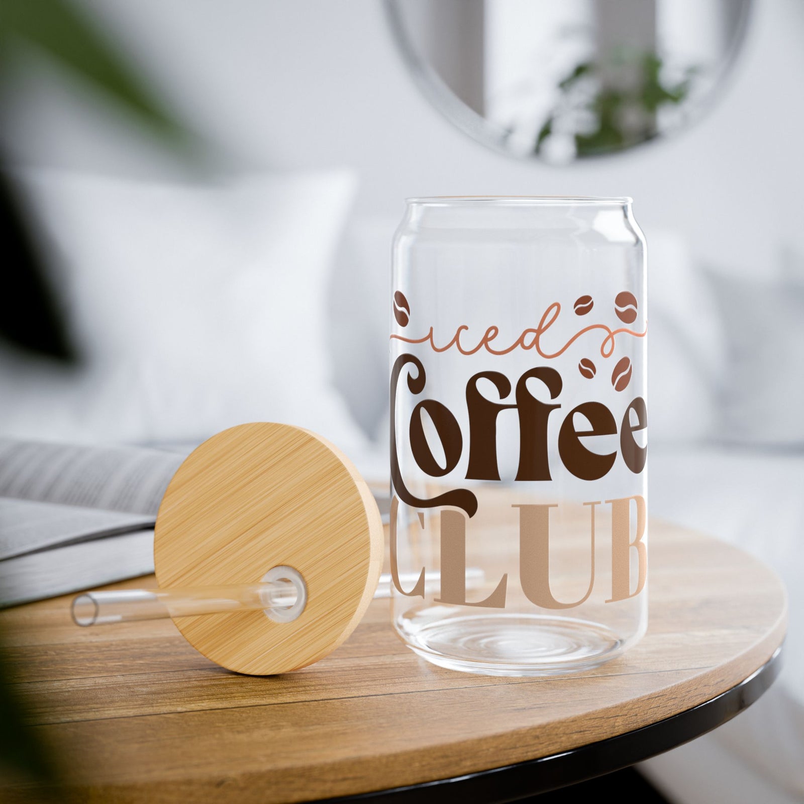 Iced Coffee Club Sipper Glass 16oz Reusable Drink Jar with Lid & Straw