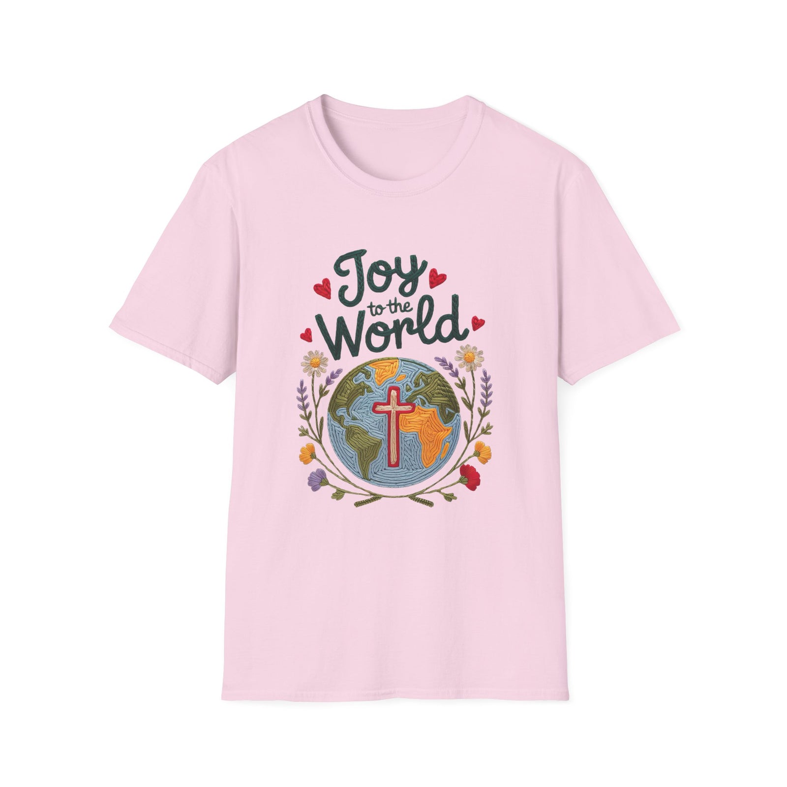 Joy to the World Christmas Tee Faux Embroidery Christian T-Shirt