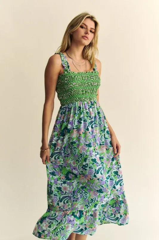 Davi & Dani Multi Smocked Bodice Geo Ruffle Strappy Midi Dress - Sydney So Sweet