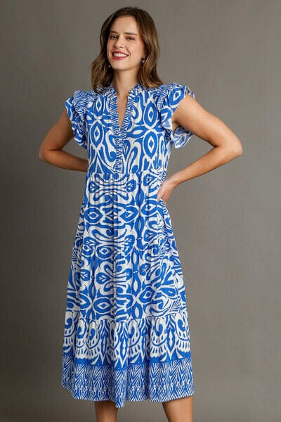 Umgee Full Size Two Tone Border Print Ruffle Cap Sleeve Midi Dress Plus Size - Sydney So Sweet