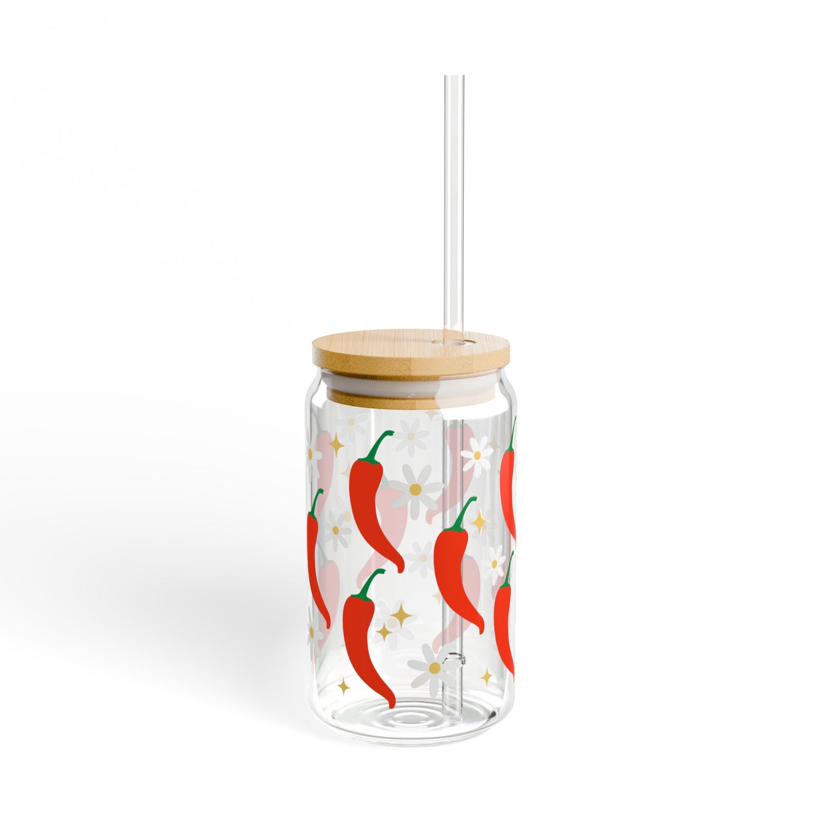 Spicy Chili Pepper Sipper Glass 16oz — Reusable Drink Jar with Lid & Straw