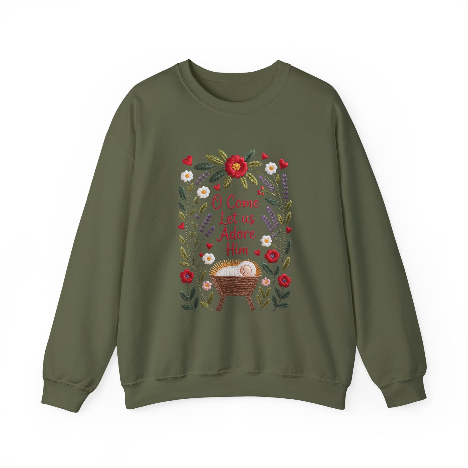 O Come Let Us Adore Him Faux Embroidery Christmas Nativity Crewneck Unisex Sweatshirt