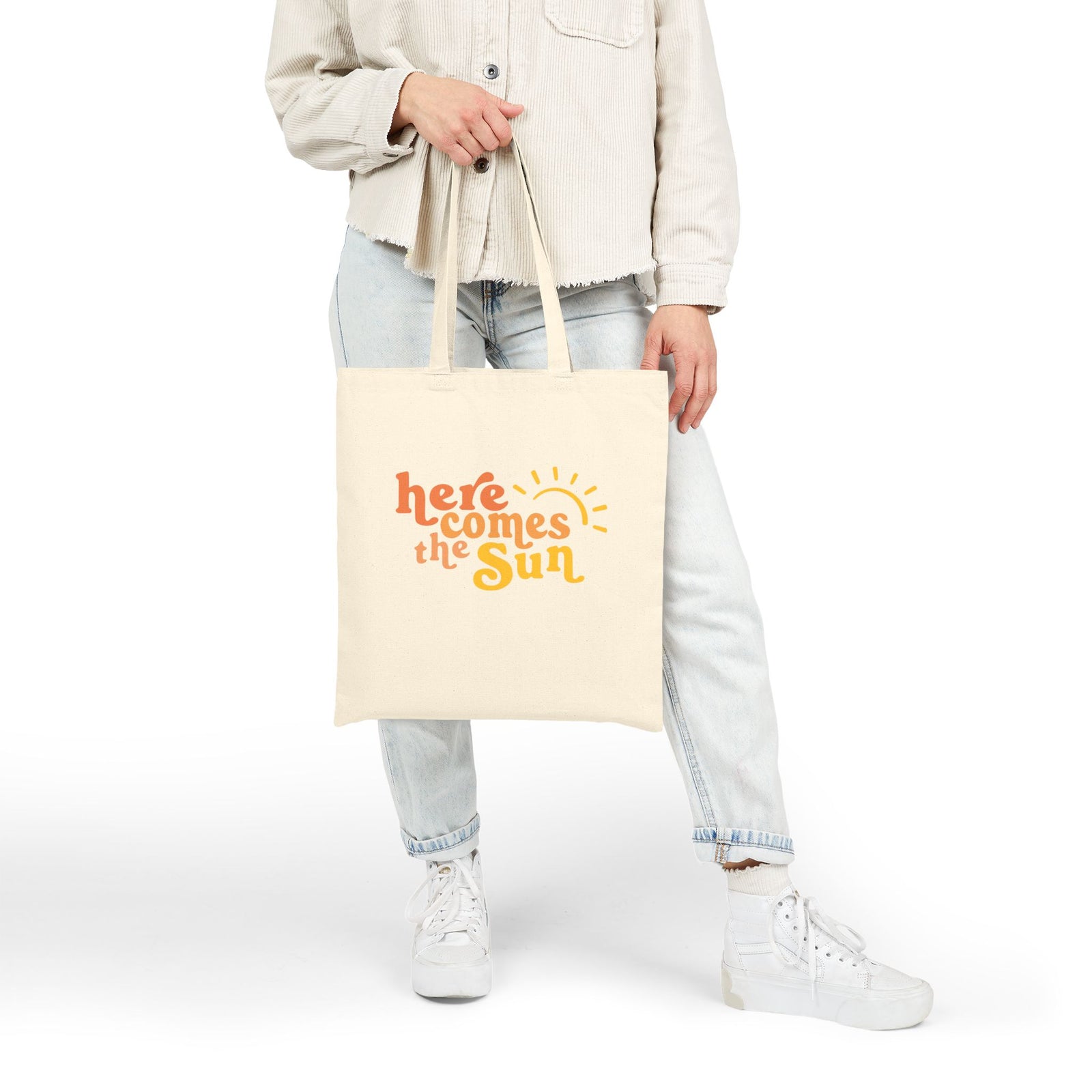 Here Comes the Sun Bright Retro Sun Graphic Cotton Canvas Tote Bag