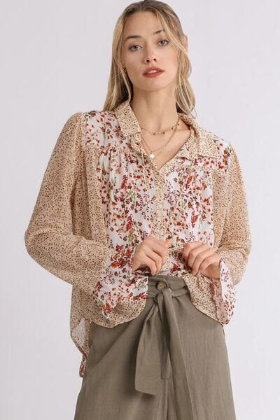 Umgee Full Size Mixed Print Metallic Detail Long Ruffle Sleeve Button Down Shirt Plus Size - Sydney So Sweet
