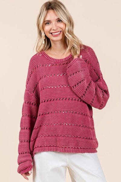 Mittoshop Openwork Round Neck Drop Shoulder Sweater - Sydney So Sweet