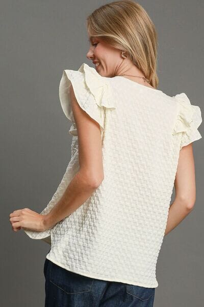 Umgee Full Size Textured Jacquard V-Neck Ruffle Cap Sleeve Blouse Plus Size - Sydney So Sweet