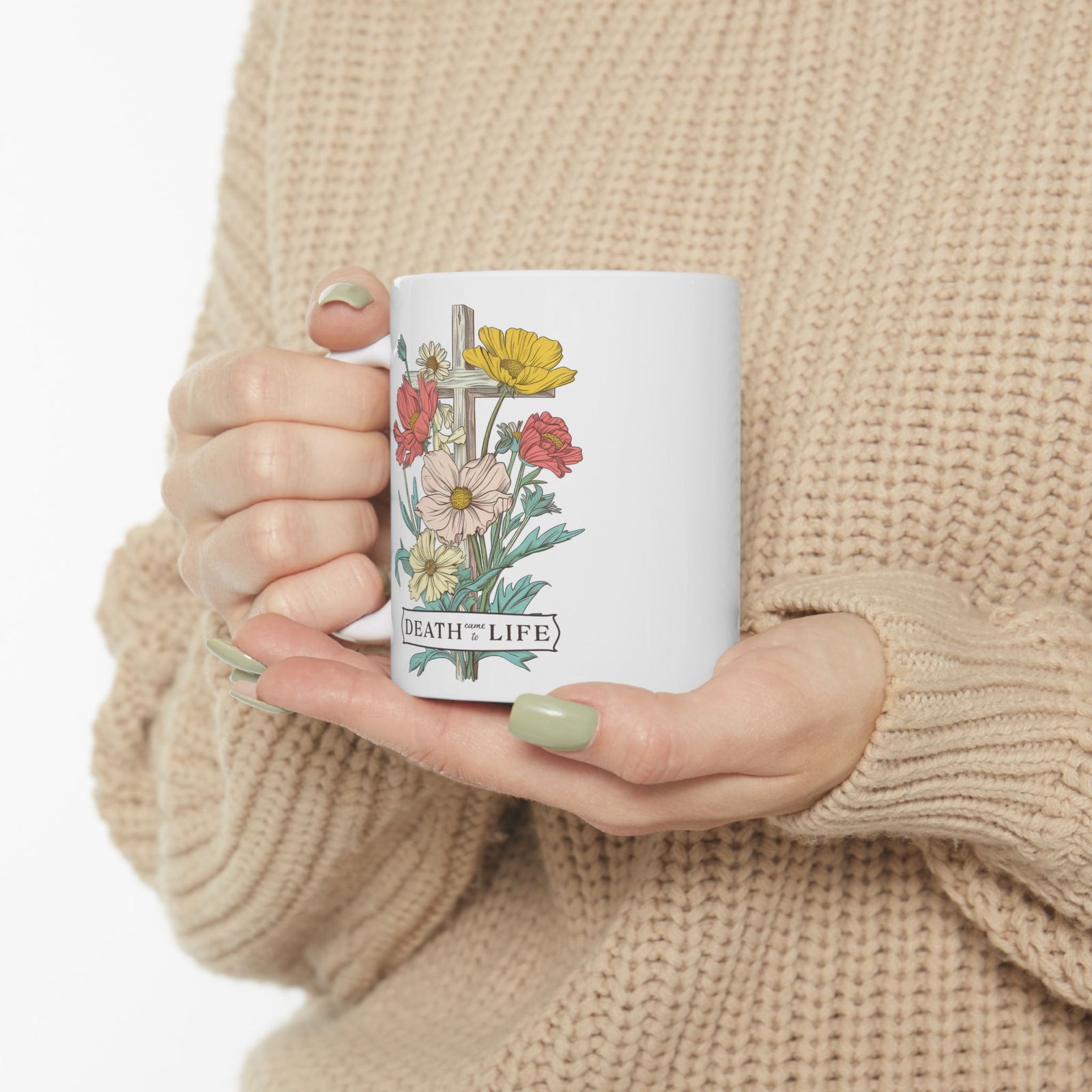 Death Came to Life Floral Cross Christian Ceramic Mug Coffee Cup (11oz & 15oz)
