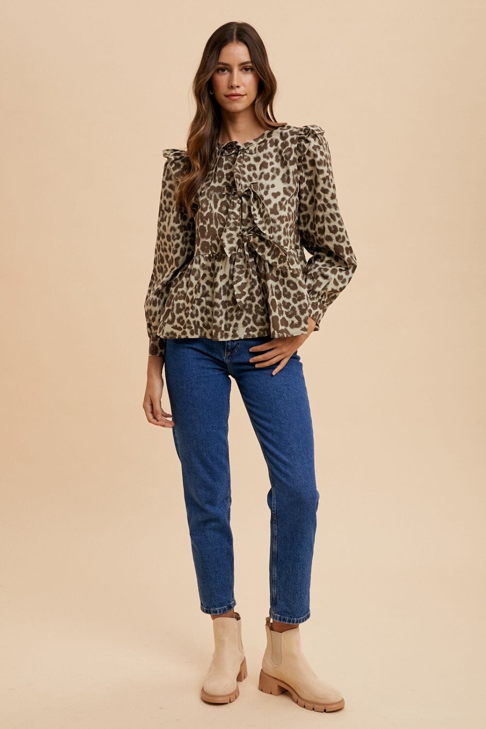 Annie Wear Tied Leopard Round Neck Peplum Blouse - Sydney So Sweet