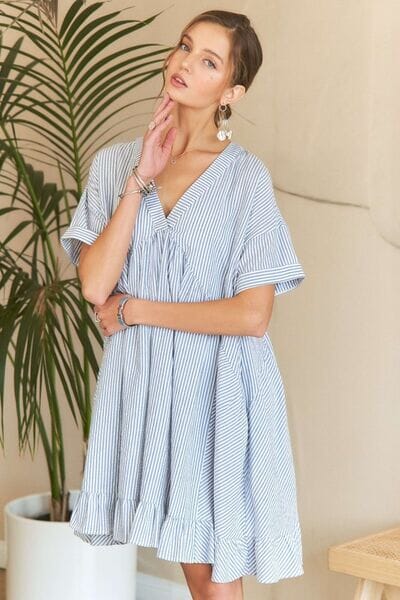 ADORA Ruffled Hem Striped V-Neck Babydoll Dress - Sydney So Sweet