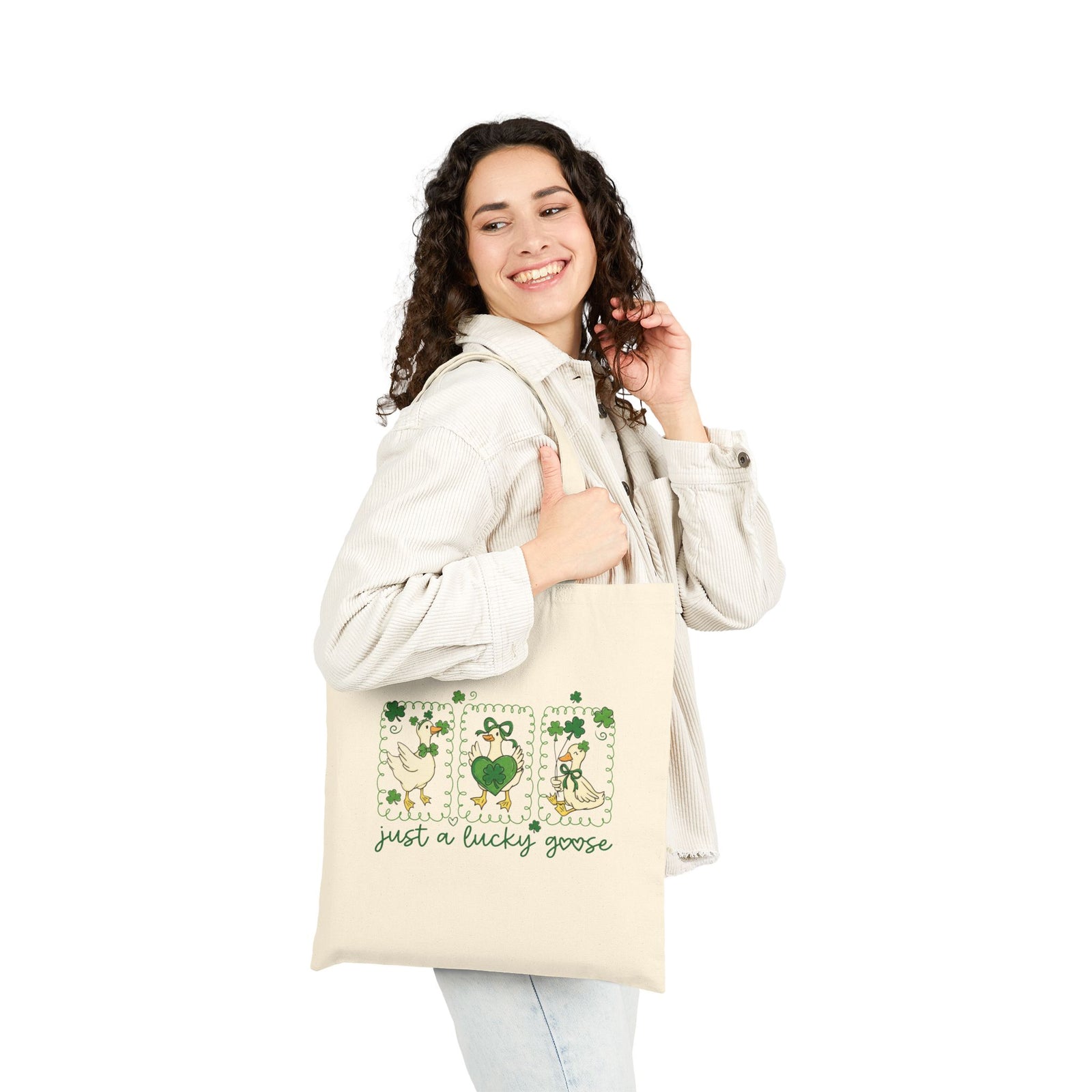 Just a Lucky Goose St. Patrick's Day Shamrock Cotton Canvas Tote Bag