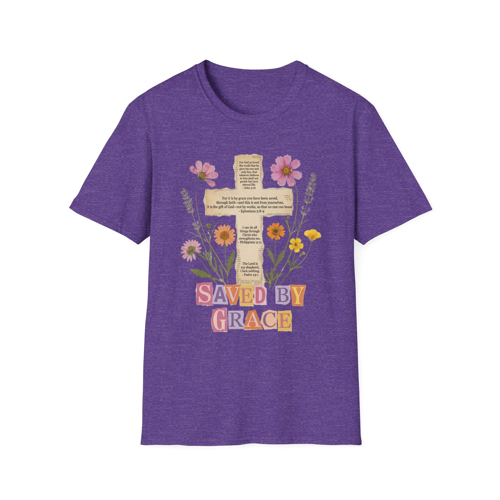 Saved by Grace Collage Floral Cross Tee Bible Verse Christian T-Shirt