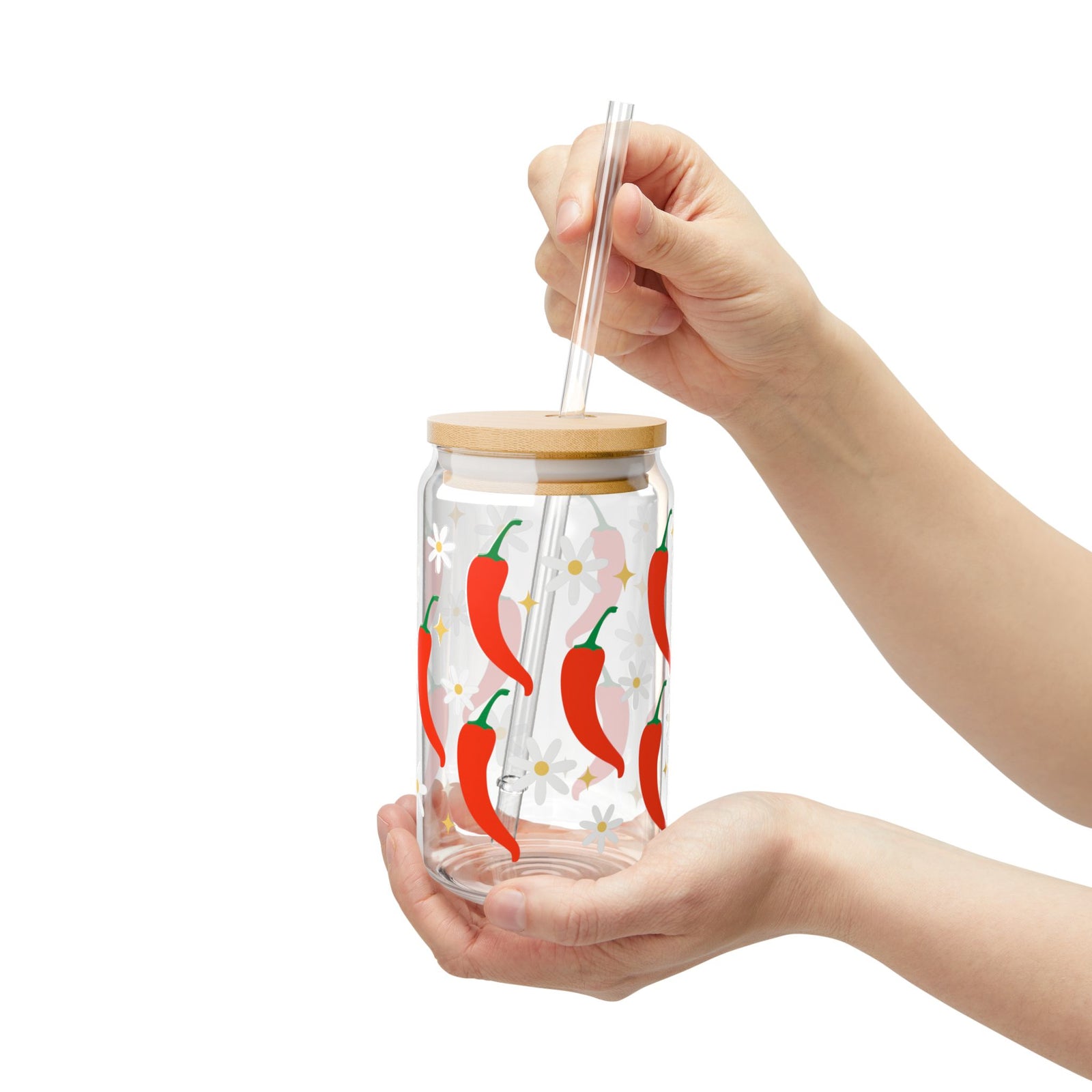 Spicy Chili Pepper Sipper Glass 16oz — Reusable Drink Jar with Lid & Straw