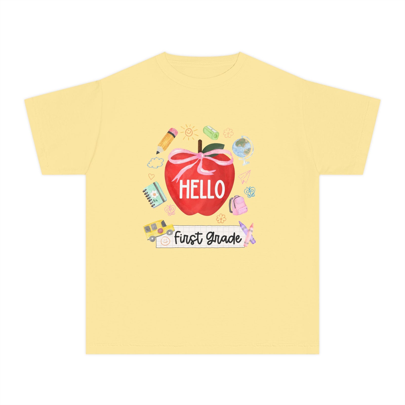 Hello First Grade Preppy Coquette Apple Graphic Tee Back to School 1st Grade T-Shirt