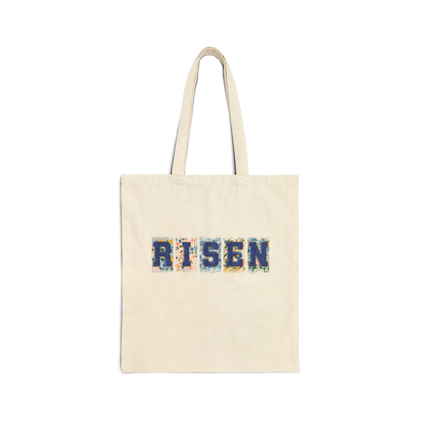 Risen Floral Faux Patch Easter Christian Cotton Canvas Tote Bag