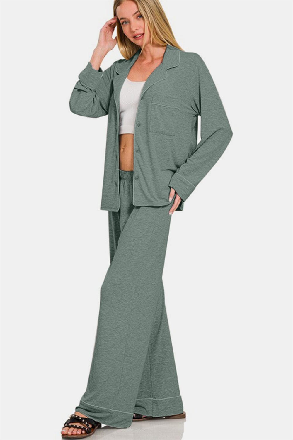 Zenana Button Down Long Sleeve Top and Pants Lounge Set - Sydney So Sweet