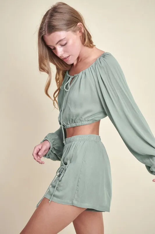 MABLE Gauze Long Sleeve Button Crop Top and Short Set - Sydney So Sweet