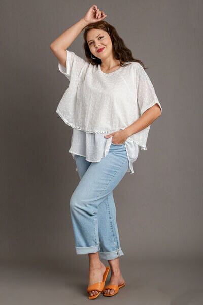 Umgee Full Size Eyelet Layered Short Sleeve Blouse Plus Size - Sydney So Sweet