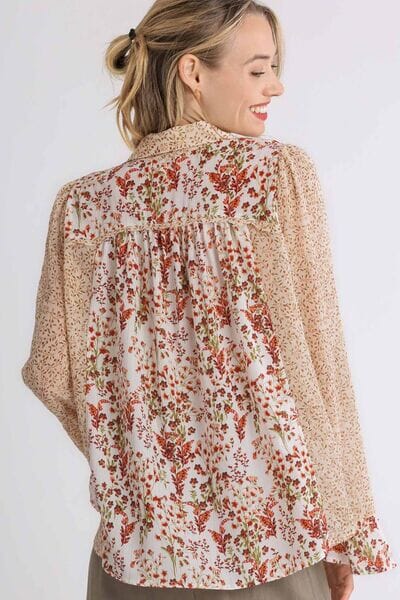 Umgee Full Size Mixed Print Metallic Detail Long Ruffle Sleeve Button Down Shirt Plus Size - Sydney So Sweet