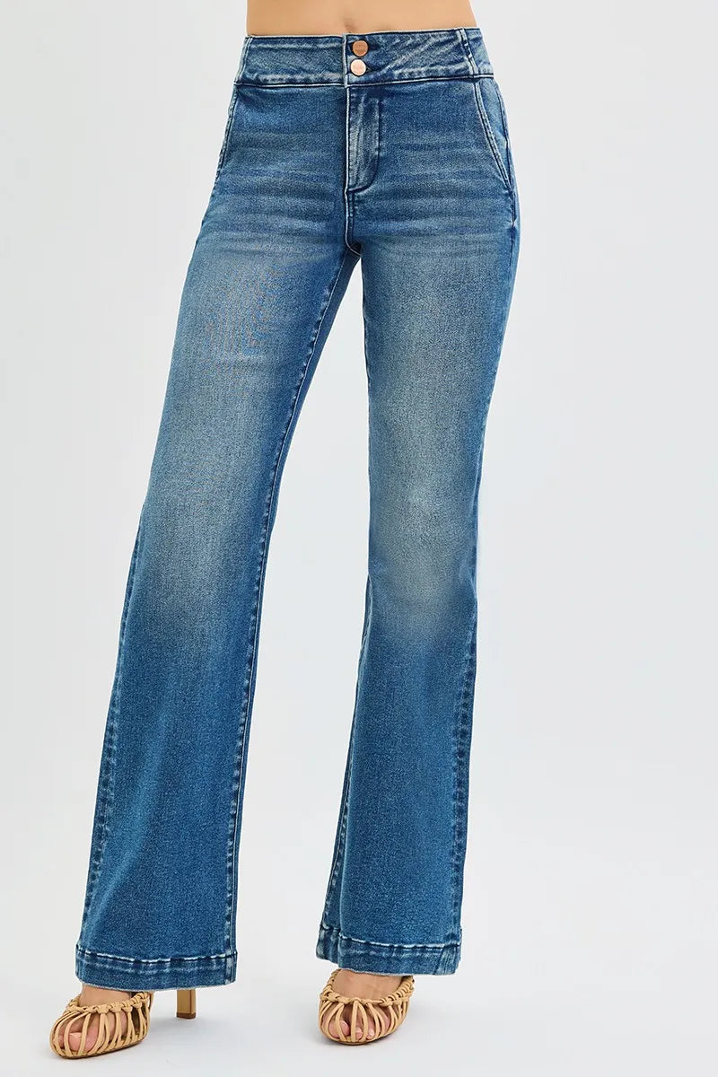 RISEN Full Size Tummy Control High Rise Bootcut Jeans with Double Button Waistband Plus Size - Sydney So Sweet
