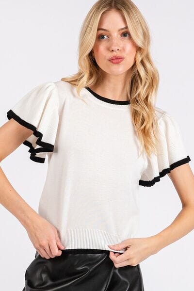 Mittoshop Contrast Trim Ruffled Cap Sleeve Knit Top - Sydney So Sweet