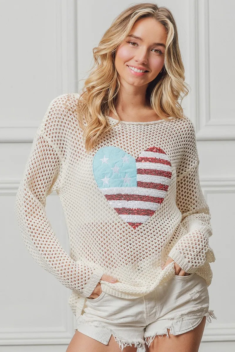 BiBi Sequin American Flag Heart Knit Up - Sydney So Sweet
