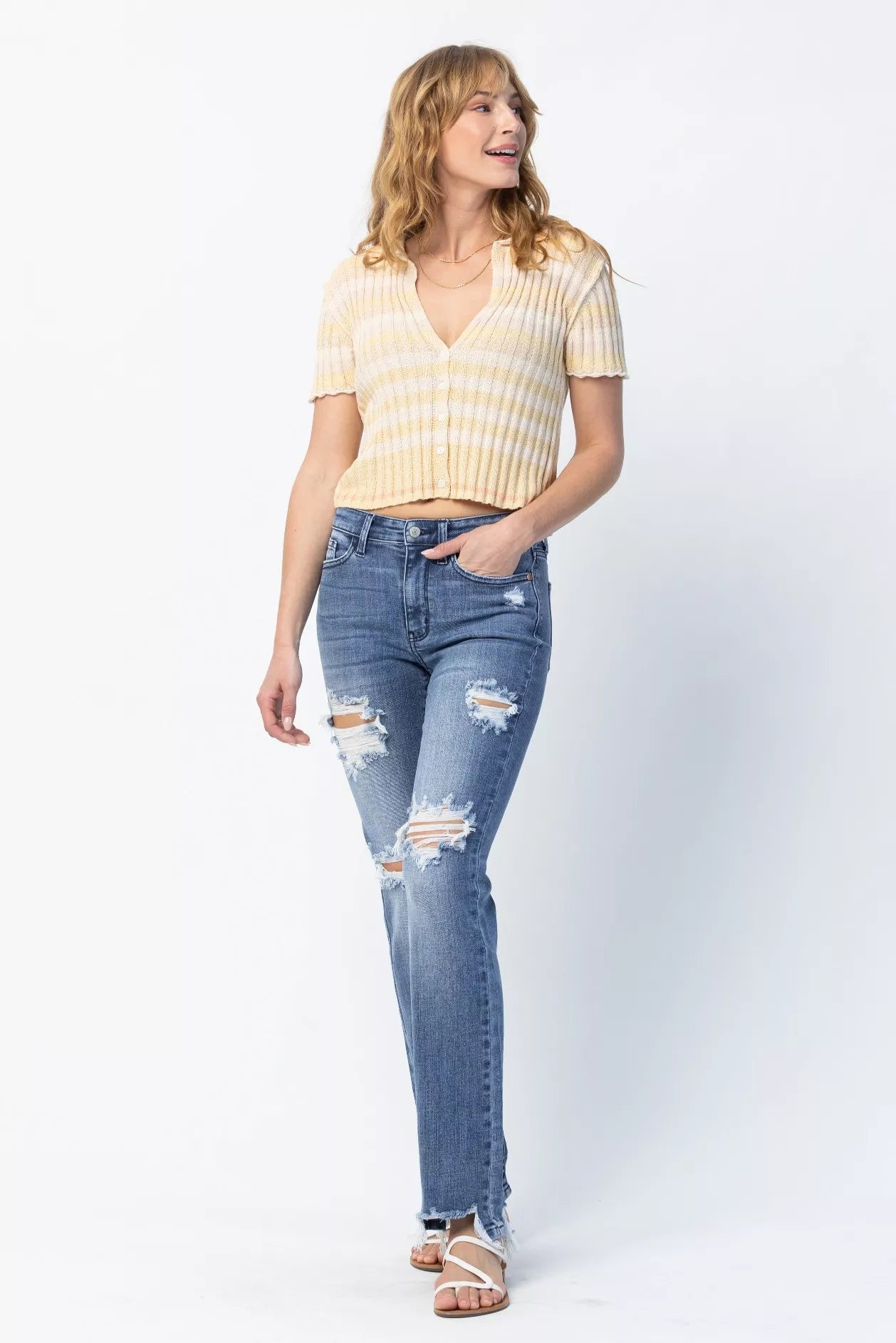 Judy Blue Full Size Mid Rise Destroy Straight Jeans Plus Size - Sydney So Sweet